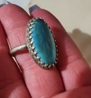 925 Sterling Silver Navajo Oval Blue Turquoise Solitaire Prong Ring Size 7 2mm