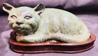 Antique Japanese Meiji Bronze Cat Okimono   Wood Base Recumbent Feline Sculpture