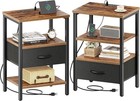 Nightstand Set Of 2  Bed Side Tables With Charging Station  Adjustable Fabric   