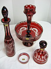 Rmk99 Vtg Ruby clear Glass Decanters Ornate Bowl W  Center Vase 7pc Set Ex St135