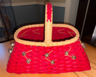Vintage Red   Natural Woven Jingle Bell Trapezoid Basket With Handle