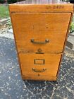 Antique Industrial Oak 2 Drawer Filing File Cabinet Brass Side Table Nightstand