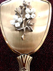 Vintage Hair Brush Solid Metal Handle With Raised White Flowers On Gold Branches
