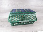 Vintage Jc Penneys Woven Sewing Basket Box Green Satin Quilted With Notions