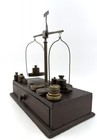 Antique Brass Apothecary Balance Scale W  Weight Set   Wood Drawer
