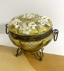 Antique Moser Trinket Box Chartreuse Glass White Enamel Floral Lance Brass Frame