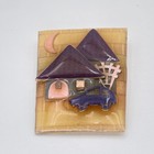 House Village Car Brooch Pin Womens Multicolor Resin Purple Roof Moon Whimsical
