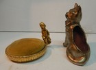 Pin Cushions Metal Kitty W bow Germany Cupid Cherub Gold Tone Mustard Velvet 2x