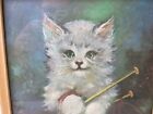 Vintage 1960 Cat With Knitting Framed Kitten Art Picture Florence Kroger Signed