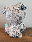 Vintage Big Eye Puppy Dog Figurine Gray Ceramic Blue Bow 5  Kitsch Japan Style