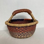 Mini Kids African Bolga Market Basket Woven Straw Grass Leather Handle 8  Orange