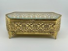 Vintage Hollywood Regency Gilt Filigree Glass-top Footed Jewelry Casket 1950s