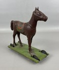 Antique Primitive Tin Horse On Wheels Pull Toy