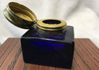 Antique Square Cobalt Blue Glass Inkwell With Rustic Hinged Brass Lid  i 