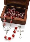 Catholic Glass Prayer Beads Rosary Silver Plated Cross Crucifix Wooden Box