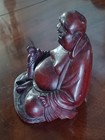 Finely Carved Seated Wood Happy Buddha Statue With Teeth 6  Inches Tall