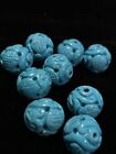 One Vintage Carved Chinese Bead Natural Blue Turquoise Gemstone Round Shou 12mm