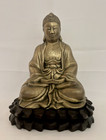 Antique Burmese Brass Seated Buddha Figure On Carved Stand C1950 s- 11 5 