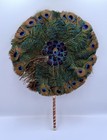 Real Peacock Feather Round Fan With Metallic Colorful Ribbon Wrapped Handle