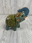 Wooden Painted Elephant Figurine Hand-carved Vintage 6  Tall Teal Green Orange