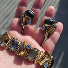 Vintage Gold Tone Statement Bracelet   Clip On Earrings Set   Rhinestones