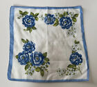 White Handkerchief W blue Roses Design Floral Hankie Vintage 