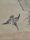 Japanese Art Painting Kingfisher Lotus Hanger Scroll Old Japan Antique G099
