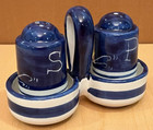 Italian Signed Firenze Ceramic Salt Pepper Shakers With Caddy Blue Yellow Flower