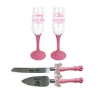 Pink Glitter Toasting Flutes And Cake Knife Server Set  Wedding Gift