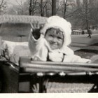 C1930s Waving Baby Wicker Carriage Stroller Snapshot Photo Vintage City Skyline