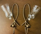Vintage Set Of 2 Wall Sconce Candle Holders Gold Matte W Floral Glass Shades