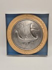 Vintage Norway Pewter Viking Ship Plate Wood Wall Plaque Norse Decor
