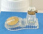 Antique Tiny Glass Ink Well With Pen Rest And Image   Ladys Inkwell  1900-1925  