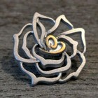 Silver Pewter Rose Lapel Pin With Gold Heart Center     Elegant Floral Brooch Gift