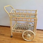 Vintage 80s Chippendale Style Two Tier Rattan Bar Cart Tea Trolley Glass Top