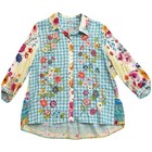 John Mark Plaid Embroiderd Button Front With Ruffle Back Floral 3 4 Slvs Tunic M