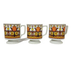 Mid Century 70s Cream   Sugar   3 Footed Mugs Flower Orange Yellow Brown Japan