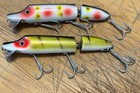 2 Vintage Heddon Original Wood Jointed Vamp Lures Strawberry Perch Nice 5 