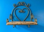 Vintage Farmhouse Scroll Gold Metal   Rustic Oak Wooden Wall Shelf   2 Key Hooks