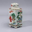 Chinese Famille Verte Enameled Porcelain Tea Caddy  6  H X 5 5  X 3 5  