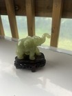 Vintage Hand Carved Elephant Light Green Jade On Wood Stand Set Of 2