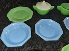 Vintage Lot Akro Agate Child Play Time Glass Dish Set Green White Blue 1930s 40s