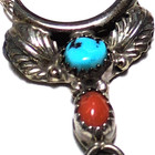 Vtg Native American Navajo Sterling Turquoise   Coral Dangle Feather Necklace