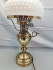 Vintage Hobnail Milk Glass Lamp W  Ruffled Shade Brass Base