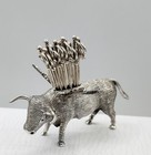 Vtg Sterling Silver Fighting Bull Appetizer Toothpick Holder W  11 Sword Picks