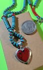 Navajo Otis Douglas Sterling Silver Coral Heart 925 Pendant Turquoise Necklace