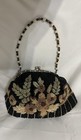 Christiana Black Beige Green Beaded Floral Evening Bag Embroidered Handbag