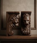 Pair Antique Style Hand Carved Wooden Lion Head Corbel Bracket Fireplace Mantel