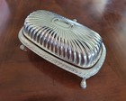 Vintage Roll Top Footed Butter Dish With Glass Insert Silver Plate W No Marks