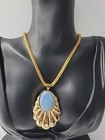 Vintage Gold Tone Art Deco Shell Fan Pendant Necklace Purple Statement Jewelry